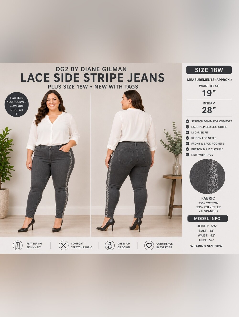 DG2 Diane Gilman 18W Charcoal Gray Metallic Stripe Skinny Jeans NWT